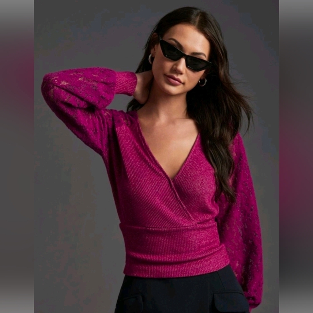 By Anthropologie V-Neck Lace Faux Wrap Long Sleeve Sweater